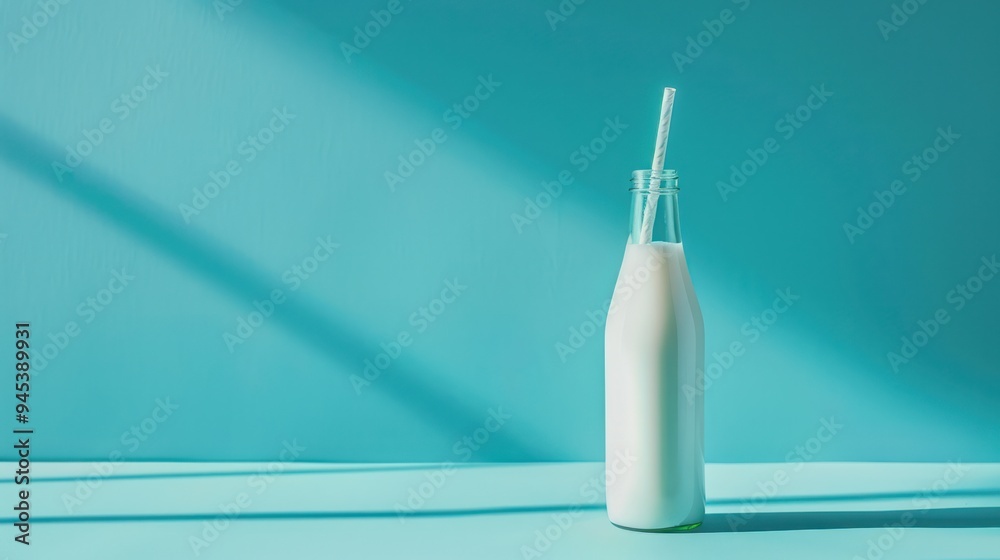 Glass Bottle with Milk and Straw on Blue Background