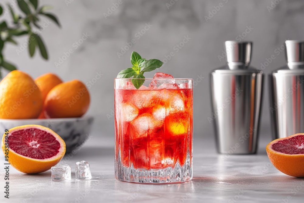 Two vibrant orange cocktails garnished with fresh orange slices and leaves, accompanied by a cocktail shaker and whole oranges, set against a dark textured background. Two vibrant orange cocktails garnished with fresh orange slices and leaves, accompanied by a cocktail shaker and whole oranges, set against a dark textured background.
