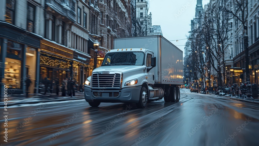 White truck with an empty box on the back, moving through city streets. White truck with an empty box on the back, moving through city streets.