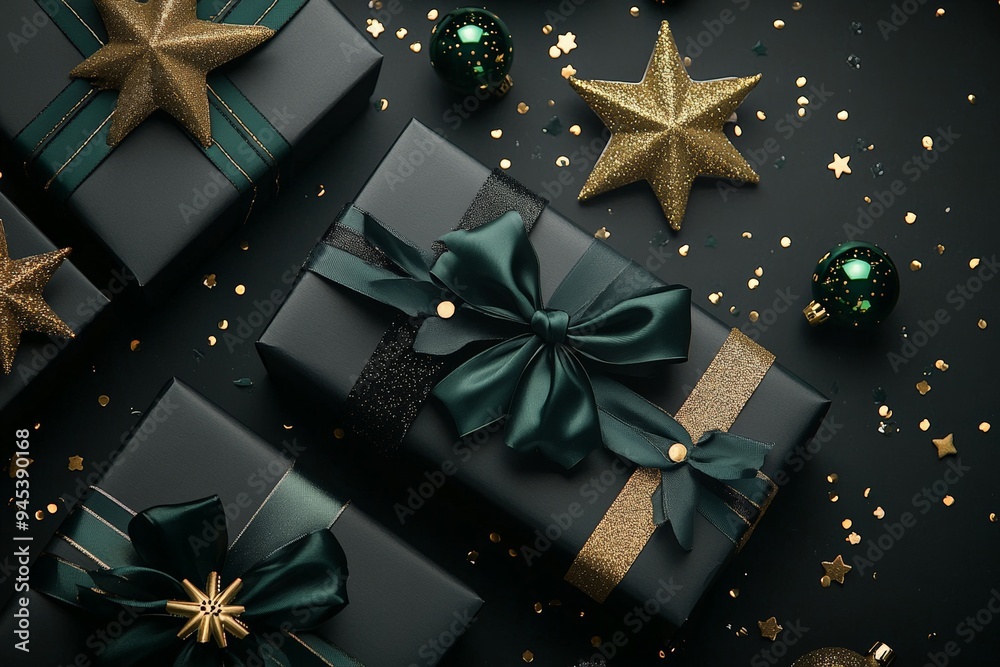 Luxurious black gift boxes adorned with green and gold ribbons, surrounded by golden ornaments and confetti on a dark background, creating a sophisticated holiday aesthetic. Luxurious black gift boxes adorned with green and gold ribbons, surrounded by golden ornaments and confetti on a dark background, creating a sophisticated holiday aesthetic.