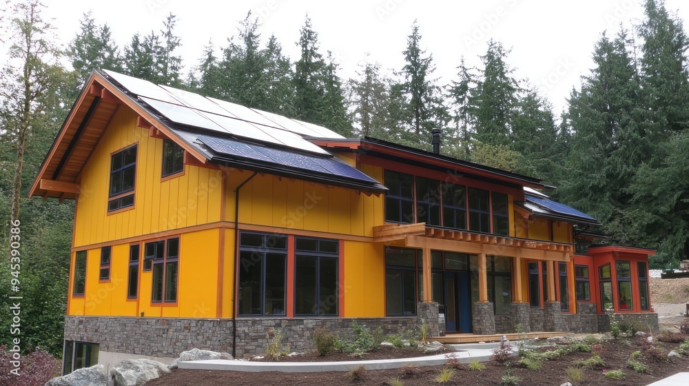 Modern yellow house with solar panels and stone foundation in a forest. Modern yellow house with solar panels and stone foundation in a forest.
