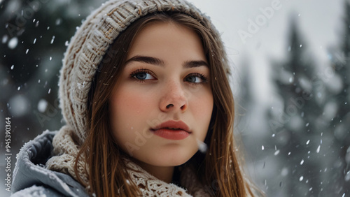 A beautiful girl fully immersed in the snow Closeup picture of a cute girl with snow falling banner wallpaper background Girl douse in Snowball earth Female in Snowball earth