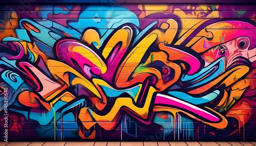 An urban background with retro graffiti featuring bright colors and wild patterns.