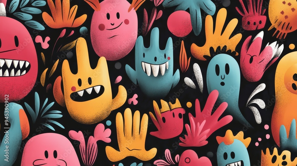Colorful Cartoon Monster Pattern Funny Characters Hand Design Black Background Colorful Cartoon Monster Pattern Funny Characters Hand Design Black Background