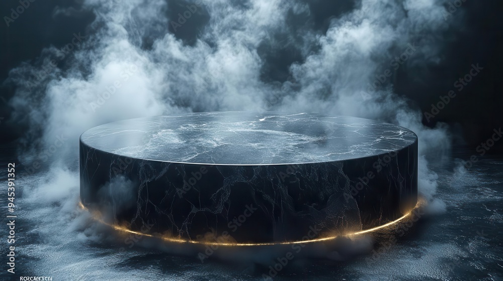 dramatic black marble podium smoky atmosphere dark mysterious ambiance sleek reflective surfaces moody lighting futuristic product display concept dramatic black marble podium smoky atmosphere dark mysterious ambiance sleek reflective surfaces moody lighting futuristic product display concept