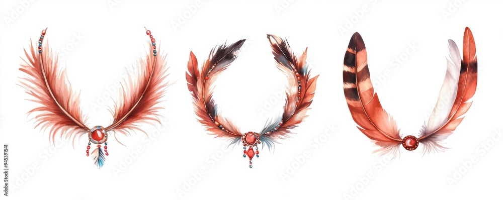 Set Boho style headband, adorned with beads and feathers, isolated on a white background, illustrated in watercolor style. Set Boho style headband, adorned with beads and feathers, isolated on a white background, illustrated in watercolor style.