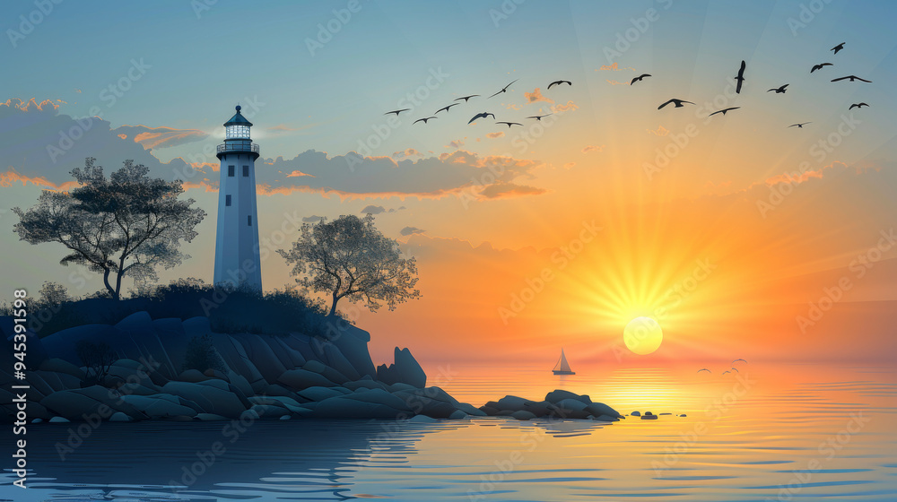 Fototapeta premium A lighthouse on a rocky cliff with the sun setting over the water