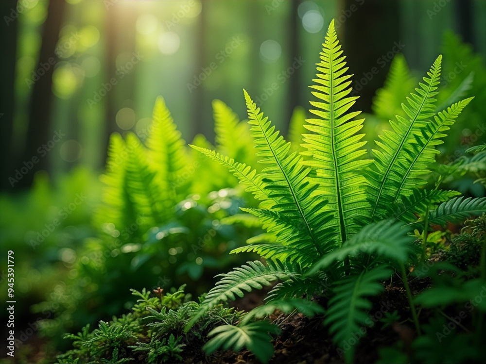 A lush green fern is growing in the forest A lush green fern is growing in the forest