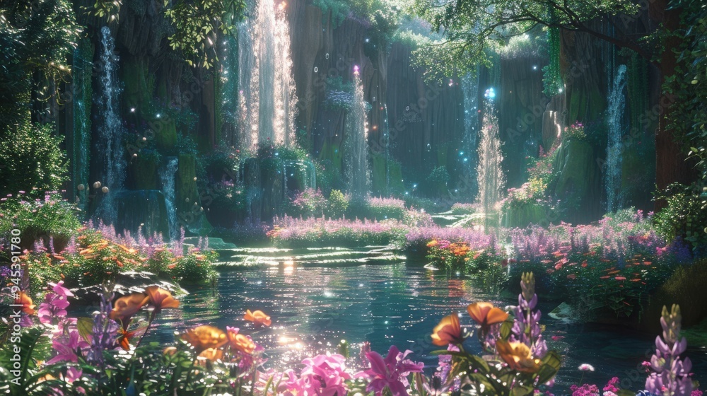Naklejka premium Enchanted Forest Waterfall and Pond - Magical Fantasy Landscape