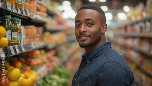 A young man is standing in front of the shelves with various products at a supermarket. 