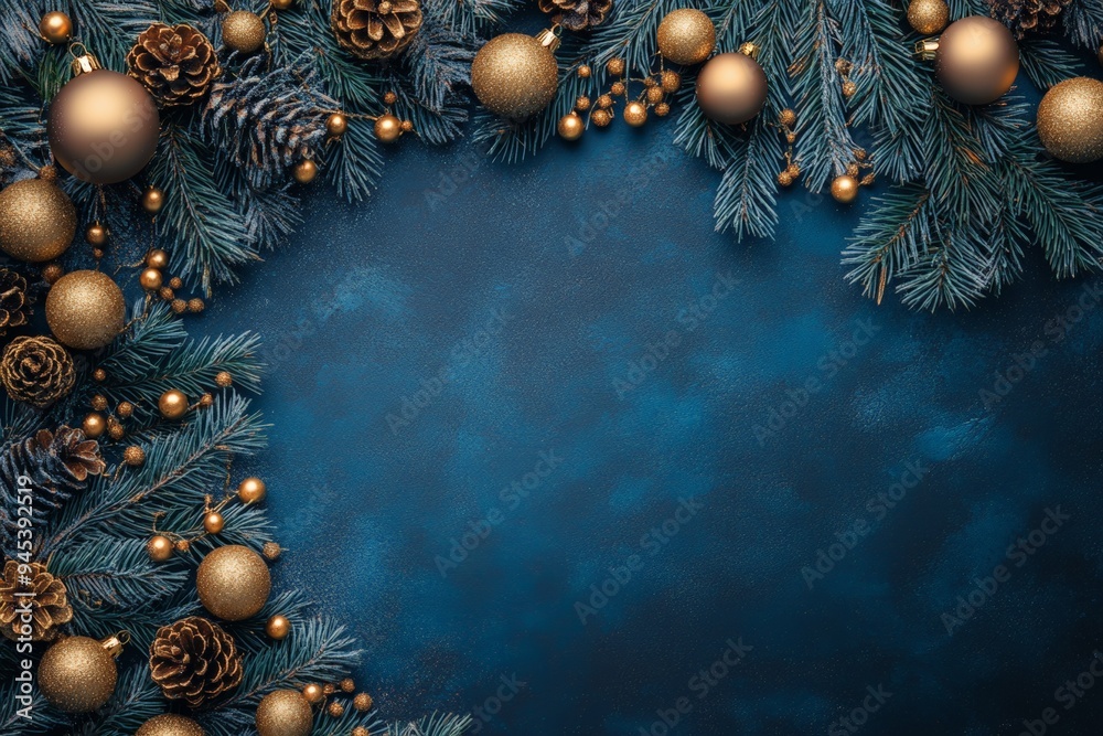 Festive Christmas frame with gold ornaments and pine branches on a dark blue textured background. Festive Christmas frame with gold ornaments and pine branches on a dark blue textured background.