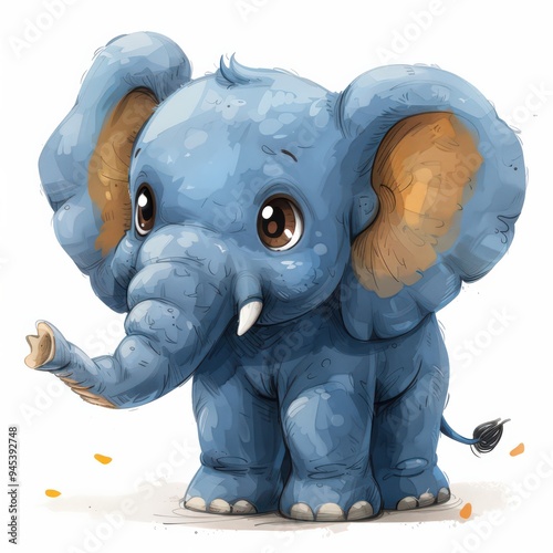 A sweet, blue baby elephant with large ears and big brown eyes stands on a white background. It looks like it is smiling photo