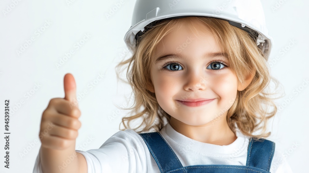 Happy Little Girl in Hard Hat Giving Thumbs Up Happy Little Girl in Hard Hat Giving Thumbs Up