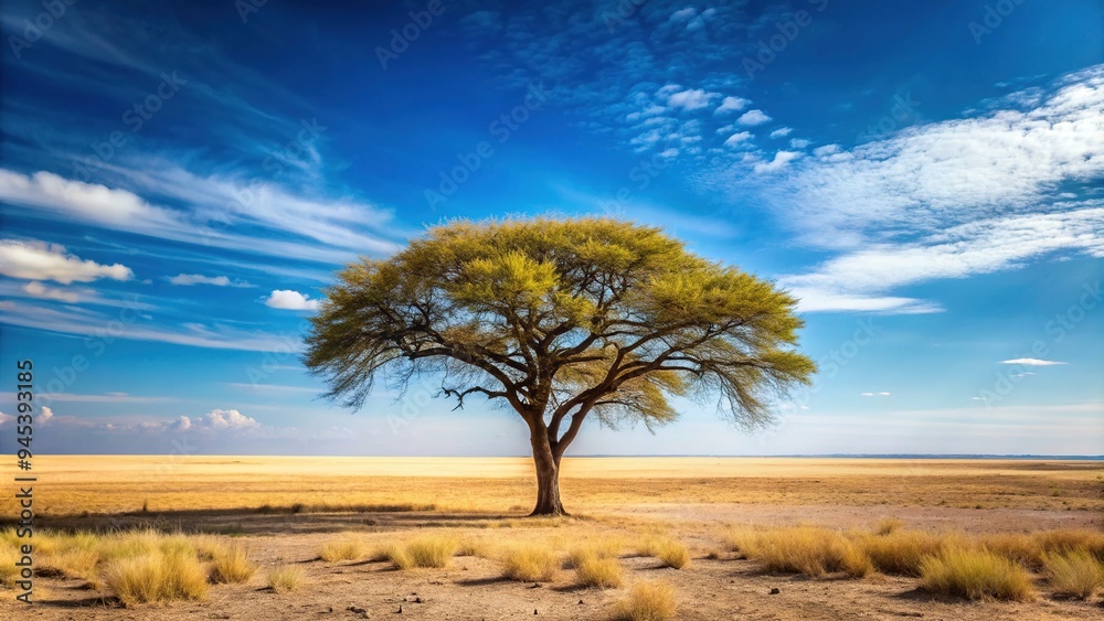 Fototapeta premium Lonely tree stands tall amidst vast, barren landscape, its delicate branches swaying softly in the gentle, isolated wind on a serene, cloudless day.