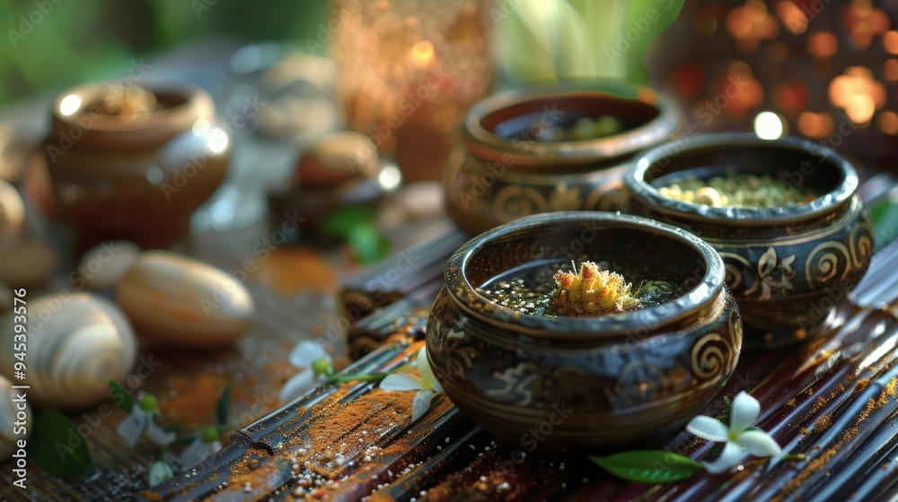A serene arrangement of aromatic herbs in decorative bowls surrounded by stones and flowers in a tranquil outdoor setting A serene arrangement of aromatic herbs in decorative bowls surrounded by stones and flowers in a tranquil outdoor setting