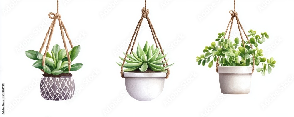Set Boho plant hanger featuring macramé design with a potted succulent, isolated on a white background, illustrated in watercolor style. Set Boho plant hanger featuring macramé design with a potted succulent, isolated on a white background, illustrated in watercolor style.