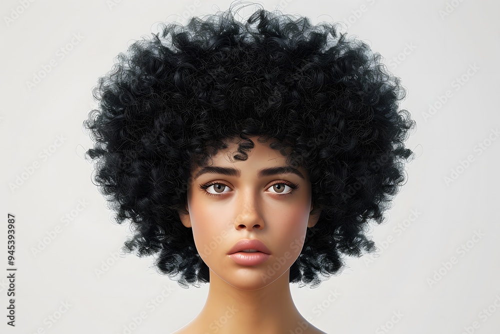 Curly afro hairstyle, natural look, 3D rendering, rich colors, isolated on white background Curly afro hairstyle, natural look, 3D rendering, rich colors, isolated on white background