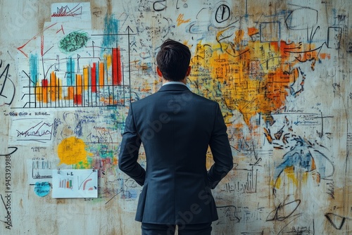 Man in Suit Standing Before a Wall of Doodles and Charts photo