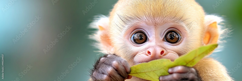 Obraz premium A close-up of a baby Capuchin monkey holding a leaf in its tiny hands, with large, curious eyes peering over. 