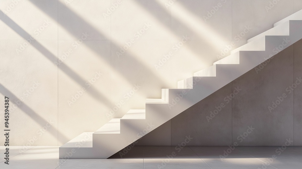 Minimalist White Staircase in Sunlit Room. Minimalist White Staircase in Sunlit Room.