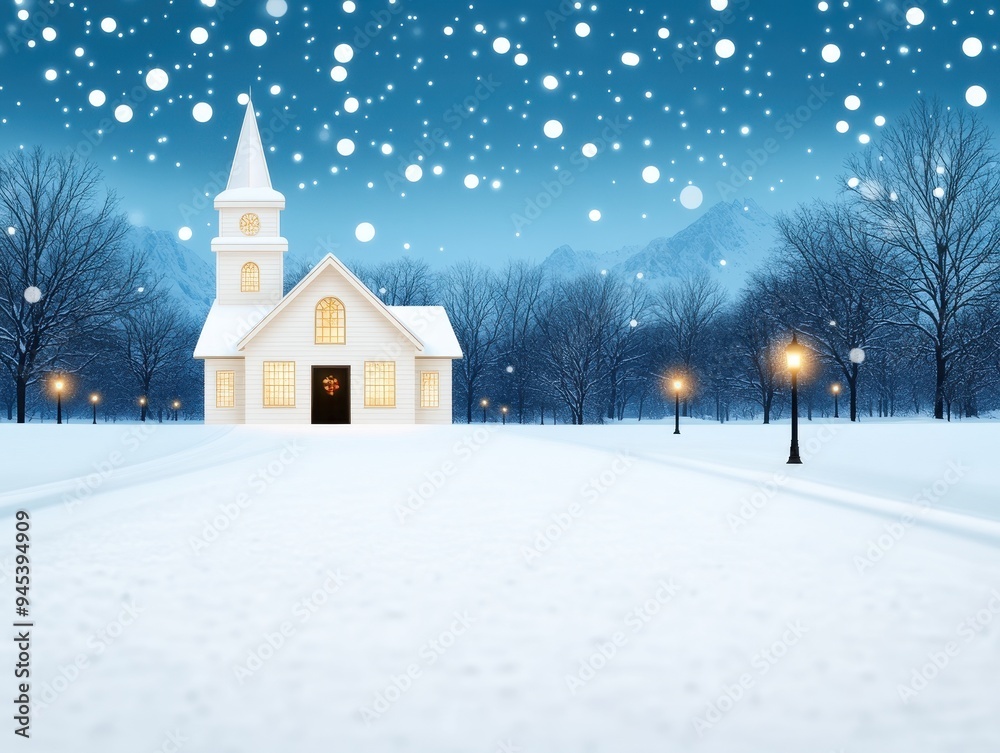A serene winter scene featuring a charming church surrounded by snow, softly illuminated by streetlights under a starry sky. A serene winter scene featuring a charming church surrounded by snow, softly illuminated by streetlights under a starry sky.