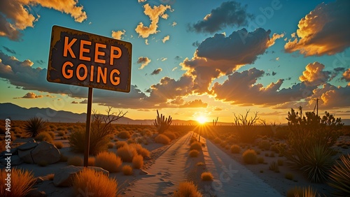 Desert Road with a Keep Going Sign