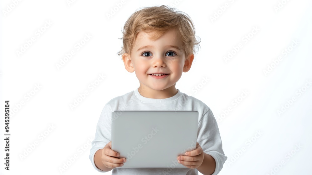 Happy Child Using Tablet Computer White Background Happy Child Using Tablet Computer White Background