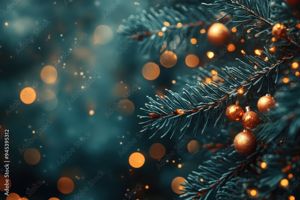 Golden baubles on frosty pine branches with twinkling lights. Golden baubles on frosty pine branches with twinkling lights.
