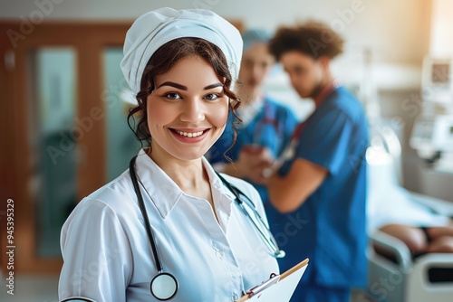 nurse matron on the ward A matron nurse smiles to camera from a busy hospital ward . In the background a young nurse checks the dressing pack that she has got out of the trolley , whilst a male nurse 