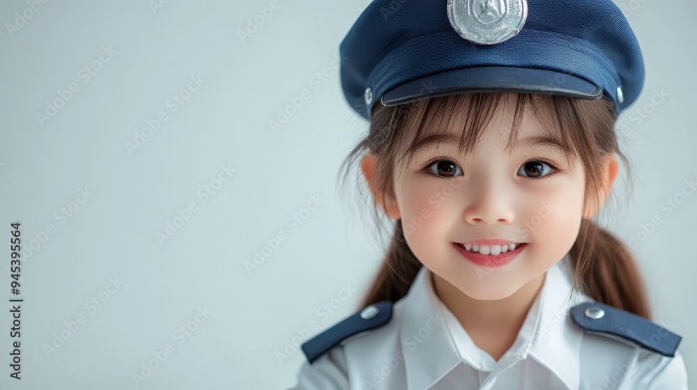 Little Girl Dressed as Pilot Wearing Blue Cap with Badge Little Girl Dressed as Pilot Wearing Blue Cap with Badge