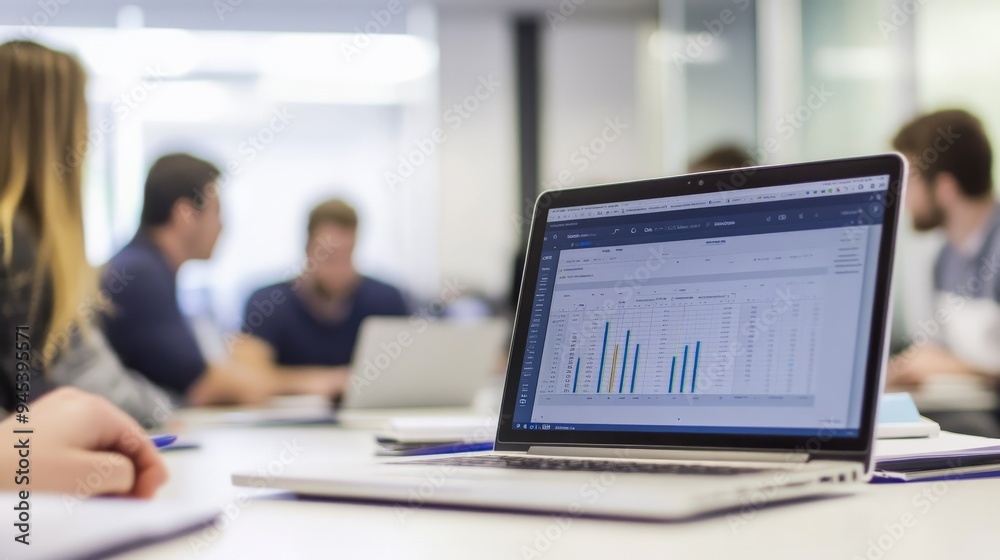 A laptop featuring detailed bar charts on the screen is prominently highlighted, with a blurred team in the background engaged in discussion, illustrating focus on data analysis. A laptop featuring detailed bar charts on the screen is prominently highlighted, with a blurred team in the background engaged in discussion, illustrating focus on data analysis.