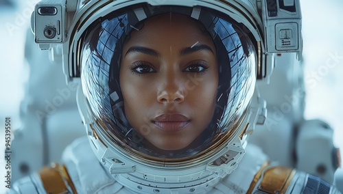 African American woman astronaut standing in front of the space station with a blue grid background. 