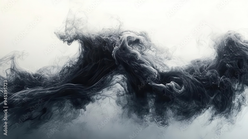 dramatic plume of dense black smoke against stark white background organic swirling forms create captivating abstract composition dramatic plume of dense black smoke against stark white background organic swirling forms create captivating abstract composition