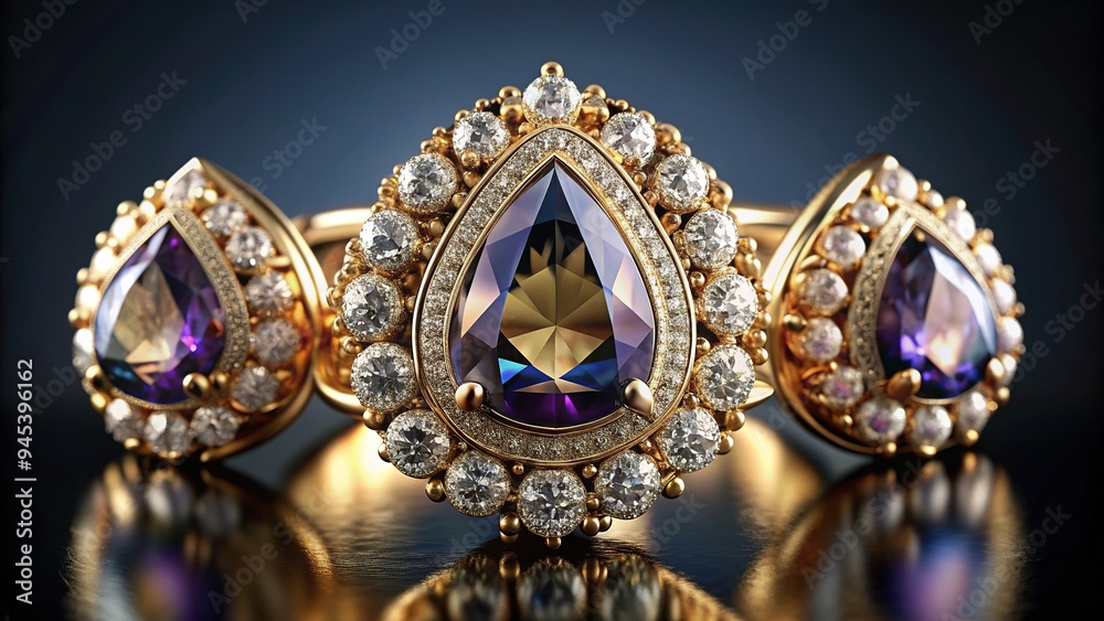 Luxurious diamond and pear-shaped gemstones, set in elegant gold filigree, sparkle against a contrasting dark background, exuding opulence and refined sophistication. Luxurious diamond and pear-shaped gemstones, set in elegant gold filigree, sparkle against a contrasting dark background, exuding opulence and refined sophistication.