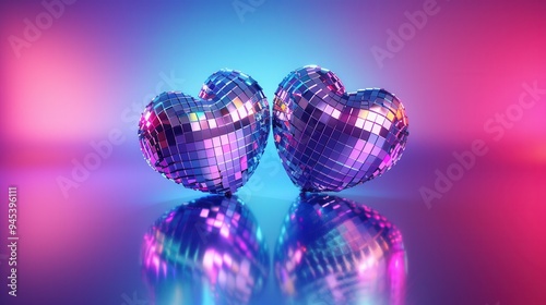 Disco balls like hearts on a neon background. Contemporary style. Creative art, disco aesthetics.