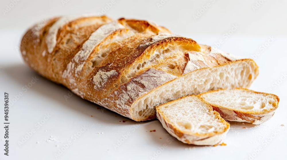 Golden, crusty bread loaf sliced and arranged on a clean white surface, highlighting its airy texture and artisanal quality, perfect for culinary stock imagery. Golden, crusty bread loaf sliced and arranged on a clean white surface, highlighting its airy texture and artisanal quality, perfect for culinary stock imagery.