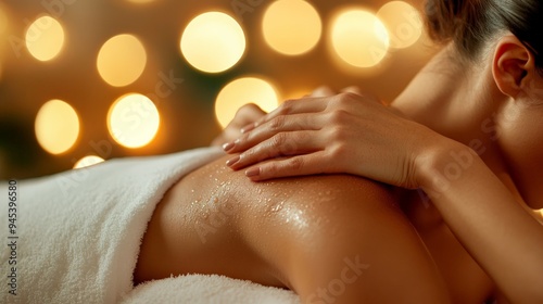 Wallpaper Mural A serene image of a person indulging in a relaxing massage, highlighted against a glowing background of warm, unfocused lights, emphasizing tranquility and wellness. Torontodigital.ca