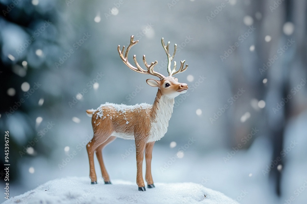 A reindeer figurine on a snowy forest background A reindeer figurine on a snowy forest background