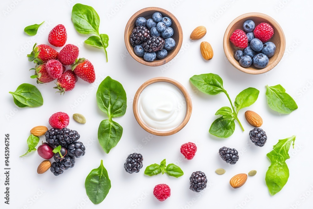 A vibrant arrangement of berries, nuts, spinach, and yogurt for a healthy snack. A vibrant arrangement of berries, nuts, spinach, and yogurt for a healthy snack.