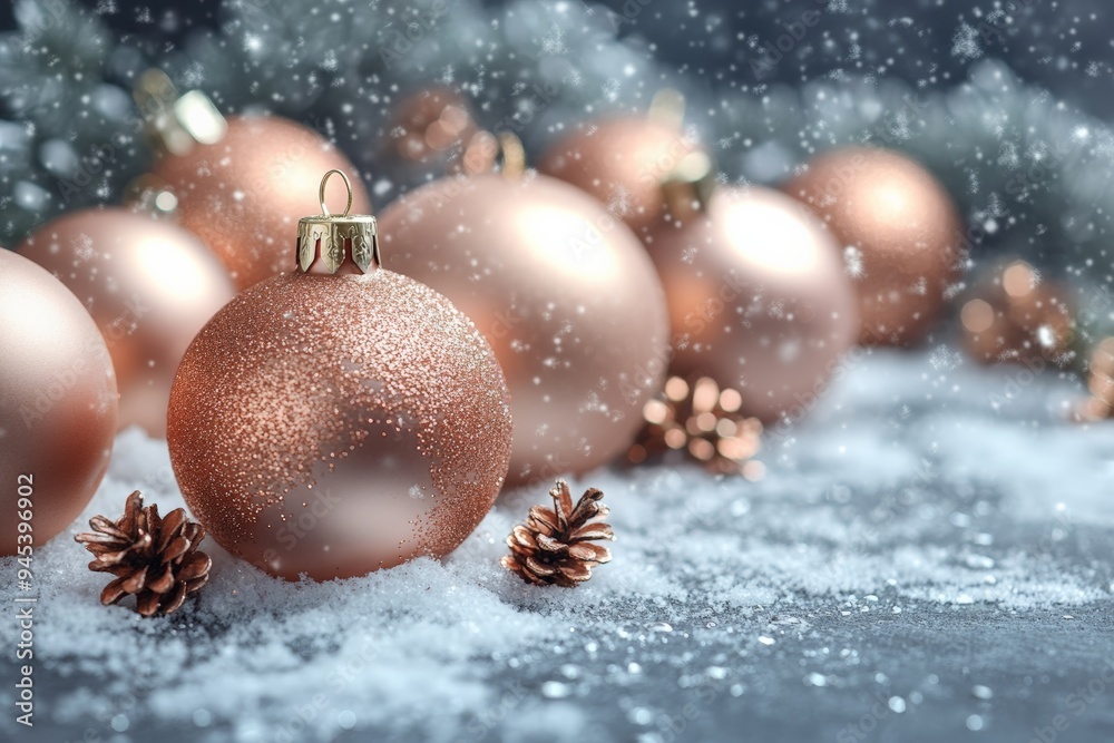 Rose gold Christmas baubles resting on a snowy surface with falling snowflakes in the background. Rose gold Christmas baubles resting on a snowy surface with falling snowflakes in the background.