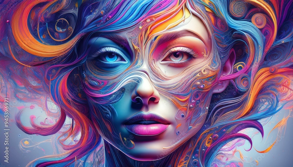 Vibrant face sketch with abstract shapes swirling around, colors blend dreamily. Vibrant face sketch with abstract shapes swirling around, colors blend dreamily.