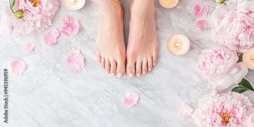 Demonstration of neat light pink nude pedicure on client's nails on marble background surrounded by pink peony, petal, candle