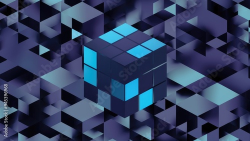 Seamless pattern design featuring an inverted blue tone 3D cube, ideal for fabric printing or wallpaper applications, showcasing an abstract blue aesthetic.