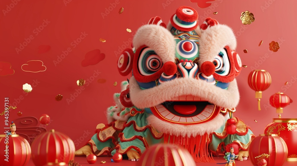 Obraz premium A Chinese new year lion dance with 3D models of a lion costume and performers on a bright red background a moment of festivity