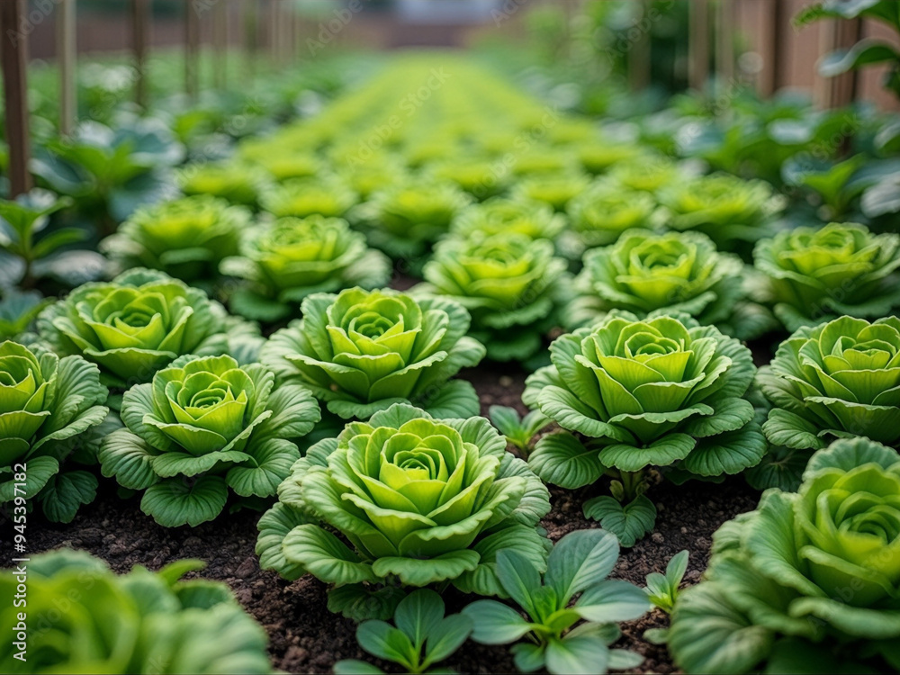 A row of green lettuce plants are growing in a field A row of green lettuce plants are growing in a field