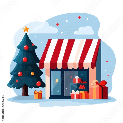 Wallpaper Mural Charming holiday shop scene with decorated Christmas tree and colorful gifts, perfect for festive season illustrations. Torontodigital.ca