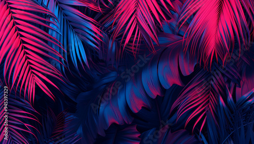 Modern layout installed with tropical colorful plants forest glow in the dark background. Stylized as futuristic art