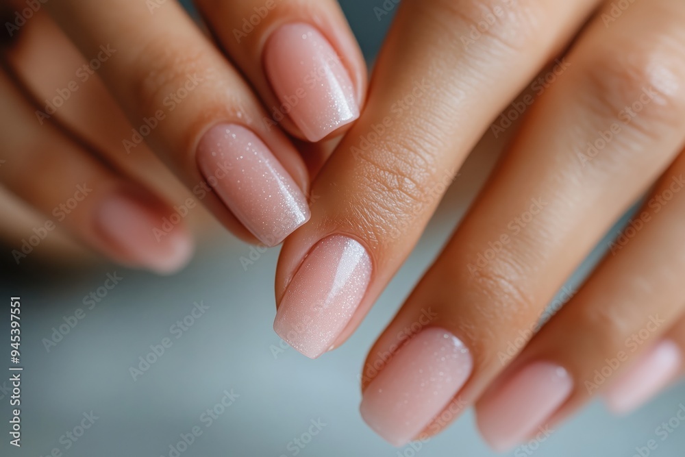 Demonstration of neat light pink nude manicure on client's nails Demonstration of neat light pink nude manicure on client's nails