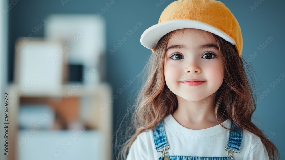 Portrait of a Happy Little Girl Wearing a Yellow Cap and Denim Overalls Portrait of a Happy Little Girl Wearing a Yellow Cap and Denim Overalls