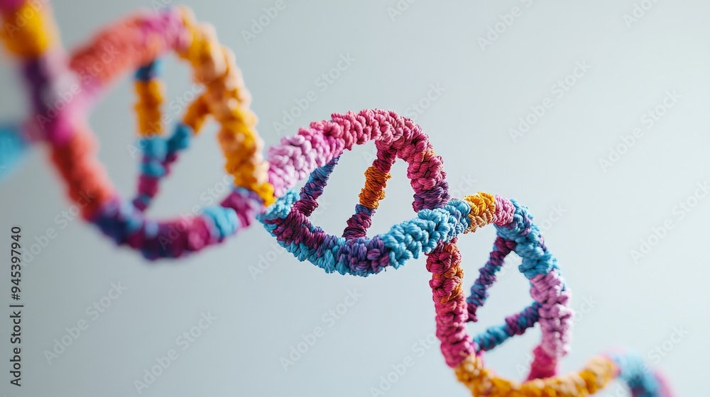 A meticulously crafted DNA structure made of multicolored yarn, symbolizing the fusion of art and science. The vibrant colors and texture create a visually appealing image. A meticulously crafted DNA structure made of multicolored yarn, symbolizing the fusion of art and science. The vibrant colors and texture create a visually appealing image.